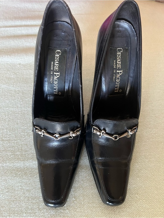 Cesare Paciotti Shoes - Cesare Paciotti Black Leather Slip-On Heels with Silver Chain Detail in